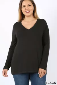 🌻 Plus Size Premium Rayon Long Sleeve V-Neck Tees Black 1XL - Picture 1 of 2