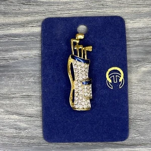 CE CharmElle GOLF CLUBS 1 3/4" Brooch Blue & Gold Enameled Bag Fashion Novelty - Picture 1 of 8