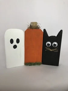 Kürbis Geist schwarze Katze Trio Halloween Deko handbemalt - Bild 1 von 12