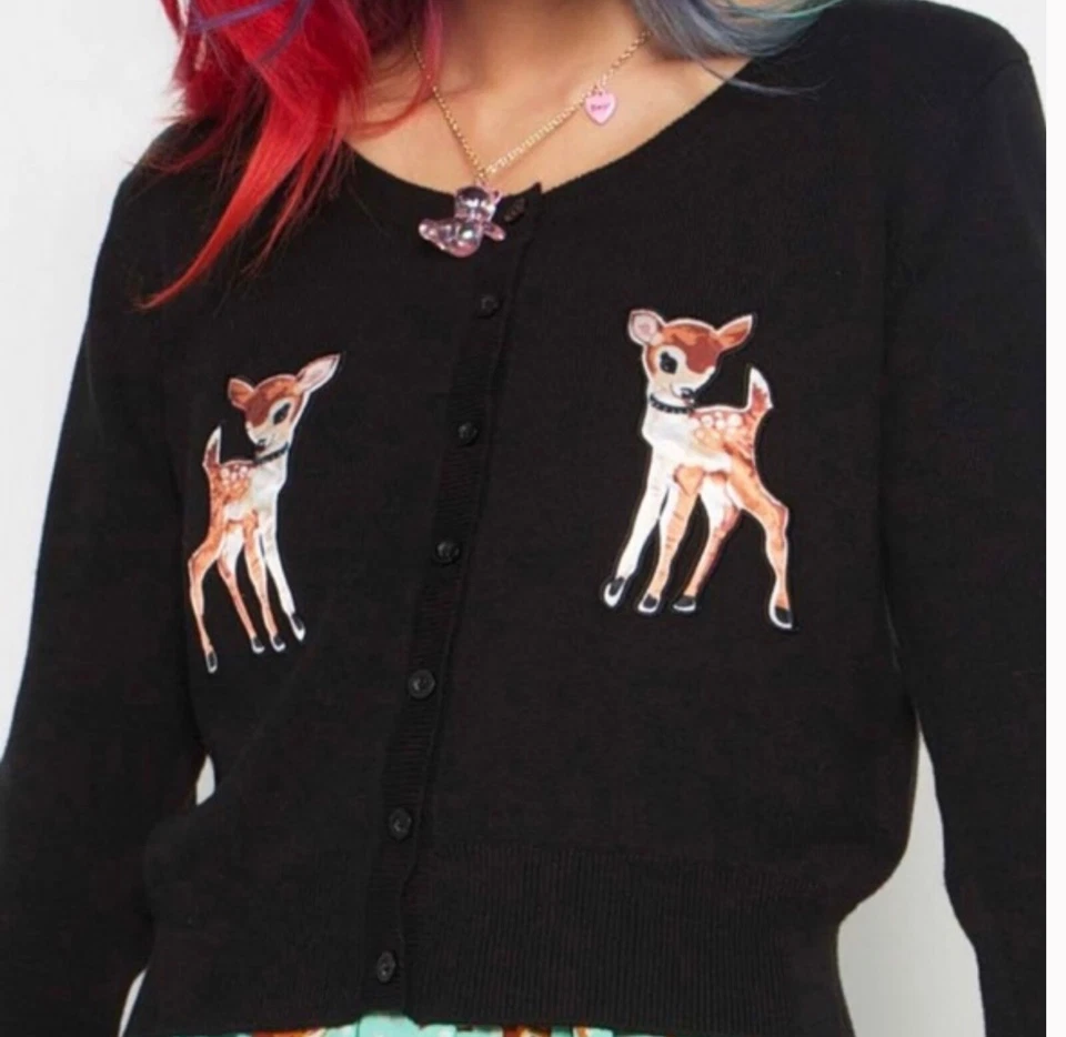 Cardigã Iron Fist raro Derry Me preto veado botão para baixo suéter XS Reino Unido 8  - Imagem 1 de 4