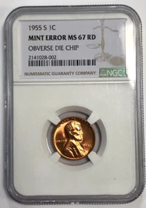 MINT ERROR OBVERSE DIE CHIP 1955 S Lincoln Wheat Cent 1C MS67 RD NGC High Grade! - Picture 1 of 6