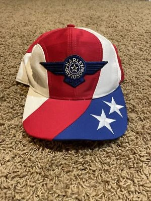 De colección Años 90 Harley Davidson Hecho en EE. UU. Rojo/Blanco/Azul Cosido SnapBack Sombrero - RARO Foto 1 de 4