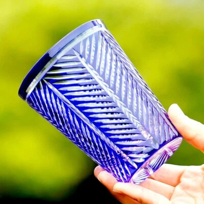 UNMARKED Edo Kiriko Hand Cut To Clear Crystal Glasses For Whiskey Vodka Water 10oz Blue