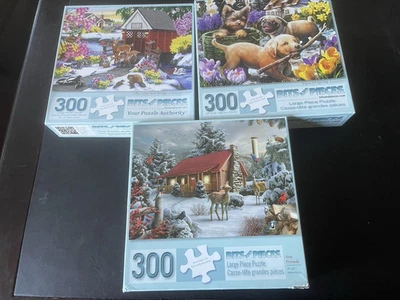 Lot of 3 Bits & Pieces 300 Piece Puzzles Complete Winter Dogs & Cats Puppies - Image 1 of 4