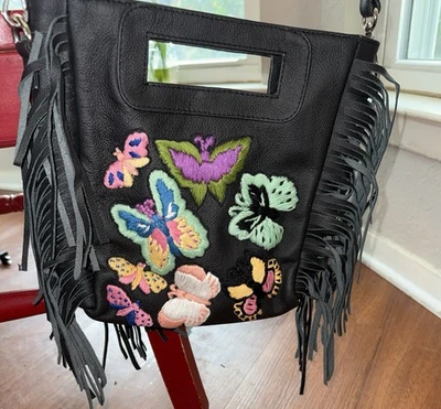Raj L.A.Embroidered Butterfly Leather Fringe Black Shoulder/Crossbody PurseNWOT - Image 1 of 4