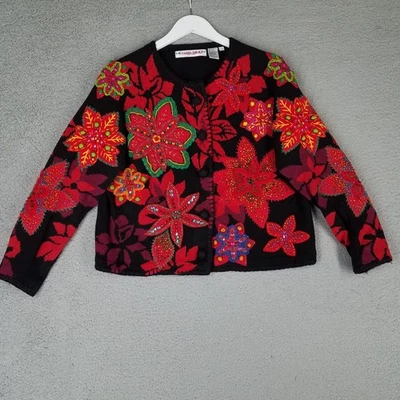 Vintage Michael Simon Poinsettia Cardigan Sweater Women's 2 Christmas Beaded Red - Image 1 of 4