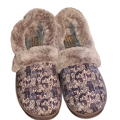 BOBS by Skechers Women's Slippers Gray Faux Fur Dog Print Memory Foam Slip On - Image 1 of 4