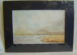 Vintage Watercolour Landscape with Sea, Village & Mountains Signed :  in mount - Picture 1 of 8