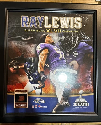 Baltimore Ravens Super Bowl 2013 enmarcado certificado de autenticidad impresión Ray Lewis 97/1000 edición limitada Foto 1 de 3