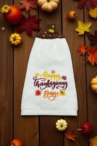Thanksgiving Hanging Dishtowel "Happy Thanksgiving Day" Monogram White Towel - Picture 1 of 5