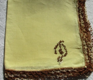 Vtg  Yellow Handkerchief Hand Monogrammed  "D" in Brown. Crocheted Brown Border - Picture 1 of 4