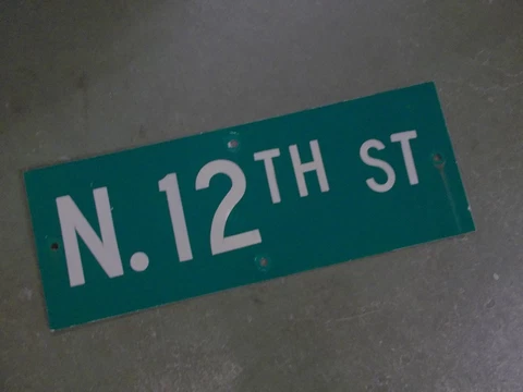 Vintage ORIGINAL N. 12TH ST Street Sign 24' X 9" White on Green Cover