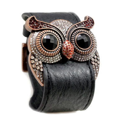 Simulated Garnet Crystal Owl Leather Cuff Bracelet - Image 1 of 4