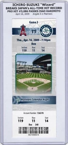 Ichiro Suzuki BREAKS ISAO JAPAN HIT RECORD 2009 Mariners Angels 4/16 Full Ticket - Picture 1 of 12