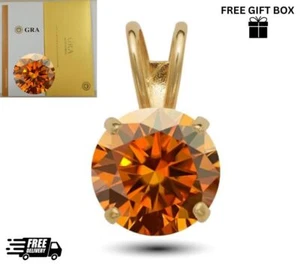 14K Gold GRA Certified D-VVS1 Round Orange Moissanite Pendant - Picture 1 of 1
