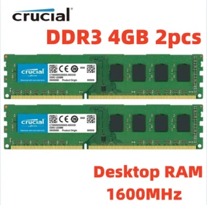 Crucial DDR3 8GB 2x 4GB PC3-12800U Desktop 1600MHz DIMM 240-Pin Memory RAM 4G 8G - Picture 1 of 6