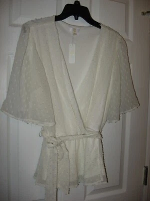 Charming Charlie,Blouse ,White,Swiss Dot, Lined Flutter S/Slv,Tie Front,XL - Image 1 of 4