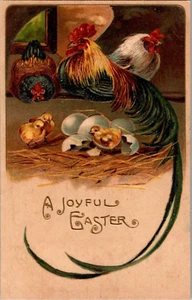 Postal Alegre Gallo de Pascua Pollitos de gallina Espalda dividida Sin publicar - Imagen 1 de 2