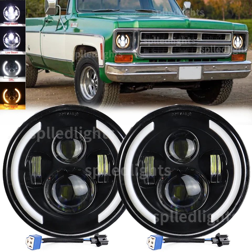 2Pc 7" Round LED Headlights Halo Ring DRL 220W Fit GMC C15 C25 G15 Deluxe Truck - Image 1 of 4