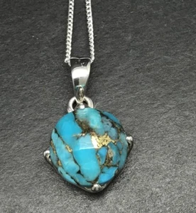 Mohave turquoise round pendant solid Sterling Silver 13mm, adjustable chain, box - Picture 1 of 10
