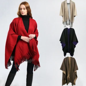 Poncho con capa dividida bufanda chal envoltura mujer invierno tejido borla lateral - Imagen 1 de 19
