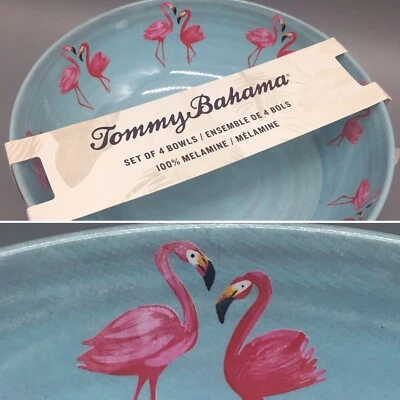 x4 Tommy Bahama Pink Flamingo Duo Melamine Bowl Set Coastal Tropical Blue 8" - Image 1 of 4