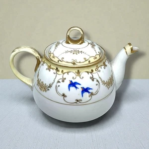 Nippon Japan blauer Vogel Teekanne um 1891-1921 signiert antik Goldrand - Bild 1 von 9