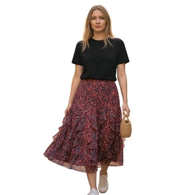 Falda Sundance Midi 100% Seda Volantes Óxido/Azul Forrada Otoño Hada Boho Talla 14 Foto 1 de 4