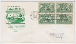 TurtlesTradingPost - Sagamore Hill Roosevelt 1953 #1018 FDC- Farnam Block of 4 - Picture 1 of 1
