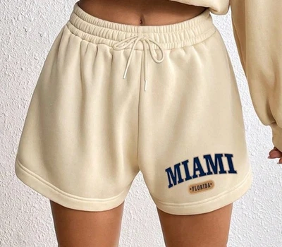 Pantalones Cortos Miami Florida Letra Gráfico Cordón Cintura Polar Marfil Calce Relajado XL Foto 1 de 4