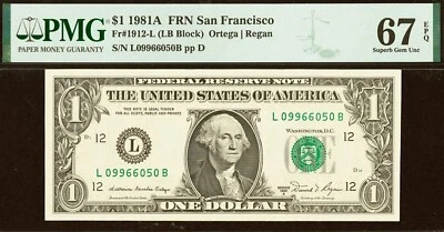 1981A $1 Federal Reserve Note PMG 67EPQ top pop 1/0 finest LB Block Fr 1912-L - Image 1 of 3
