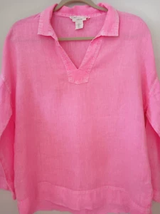 C&C California Sz S 42" 100% Linen Faded Neon Pink Collared Bluse 1/4 Placket - Picture 1 of 9