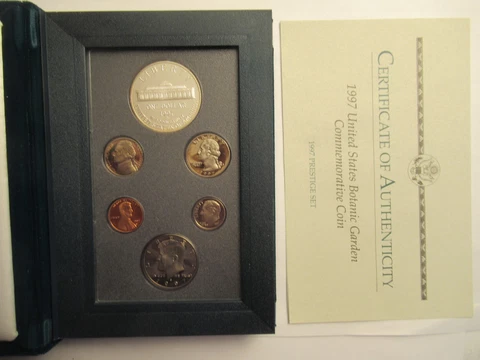 1997 US Mint Prestige Set, 6 coins, Botanic Garden Proof Silver Dollar, COA Cover