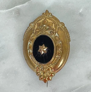 Antique VICTORIAN BLACK GLASS Brass Dome MOURNING BROOCH Vtg Gold Jewelry Jet - Picture 1 of 9