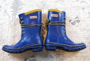 Hunter Festival Lace Up Mid Calf Wellington Rain Boots Blue Yellow Stripes 5 - Picture 1 of 6