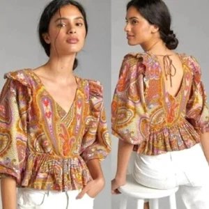 Anthropologie Broadway 38 Paisley Print Peplum Top Fantastic Colors sz M - Picture 1 of 8