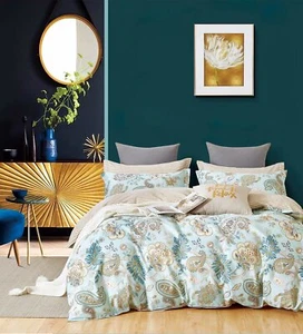 Babyblau Paisley Baumwolle Bettset: 1 Bettbezug 2 Kissenbezüge Queen/King/Cal K - Bild 1 von 1