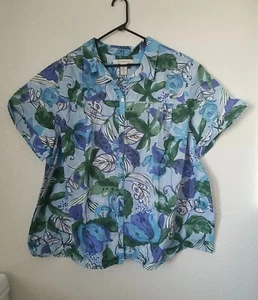 Roaman’s Women's Plus Size 30W Blue Floral V Neck Short Sleeve Button Up Top - Picture 1 of 5