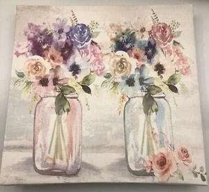 Canvas Wall Art ≈ 8.5” x 8.5”  Blue Pink Glass Vases Florals Home Decor - Picture 1 of 4