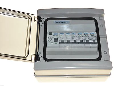 6 way consumer unit 6 MCB circuit breakers 63A RCD trip garage shed weatherproof - Image 1 of 4