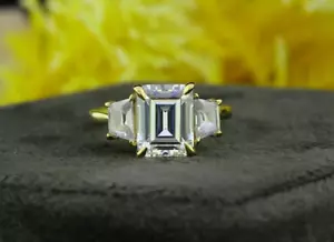 Emerald & Tapered Baguette Cut Moissanite Three Stone Engagement Ring 925 Silver - Picture 1 of 8