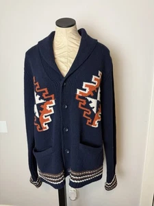 Rare Vintage Lucky Brand Cardigan Large Shawl Blue Collar Sweater 100% Lambswool - Picture 1 of 15