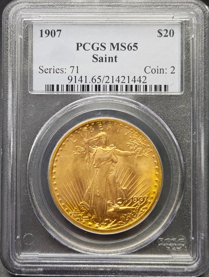 Золотой Двойной Орел 1907 $20 Saint Gaudens MS 65 PCGS, Острое Великолепие! - Изображение 1 из 2