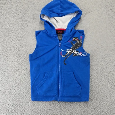 Ed Hardy Sudadera con Capucha Chaleco Niños 4T Azul Cremallera Sin Mangas Pantera Gráfico Foto 1 de 4