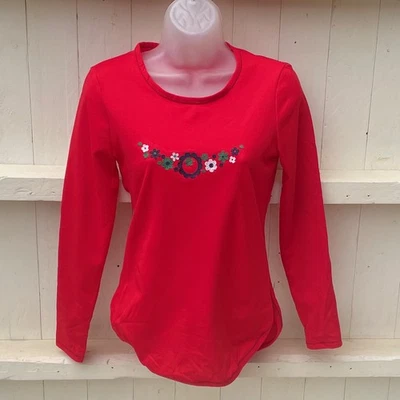 Vintage St Michael Red Top Embroidered Floral Motif 1970s Crimplene Bust 32” - Image 1 of 4