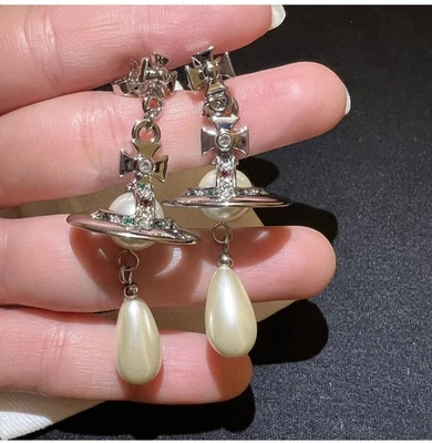 Vivienne Westwood Orb Pearl Drop Earrings silver Tone With box  - Image 1 of 4