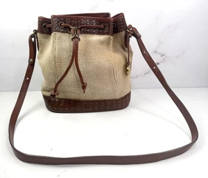 Brahmin Leather & Natural Canvas Tote Bucket Bag - Picture 1 of 11