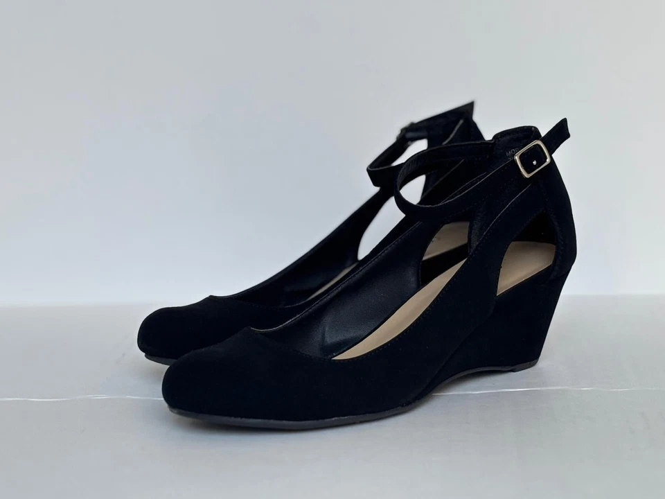 Me Too Morgan黑色麂皮绒楔形高跟鞋女式7.5米踝带舒适鞋 — 第 1/4 张图片