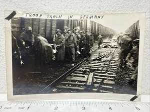 Vintage Snapshot Photo Soldiers Gathered Outside Troop Train Germany WWII - Picture 1 of 3
