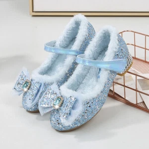 UK Kids Girls Elsa Princess Fancy Up Party Fur Lined Sequin Glitter Party Shoes - Picture 1 of 23